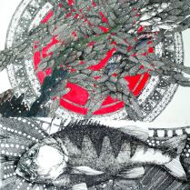 Blue Fish on a Red Doily indian ink and watercolour on arches 80 x 60 cm $1750 framed